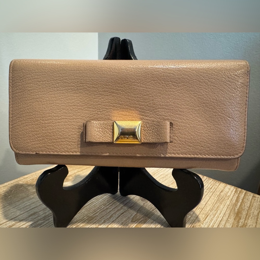 Miu Miu Beige Bow Leather Wallet with Gold Accent